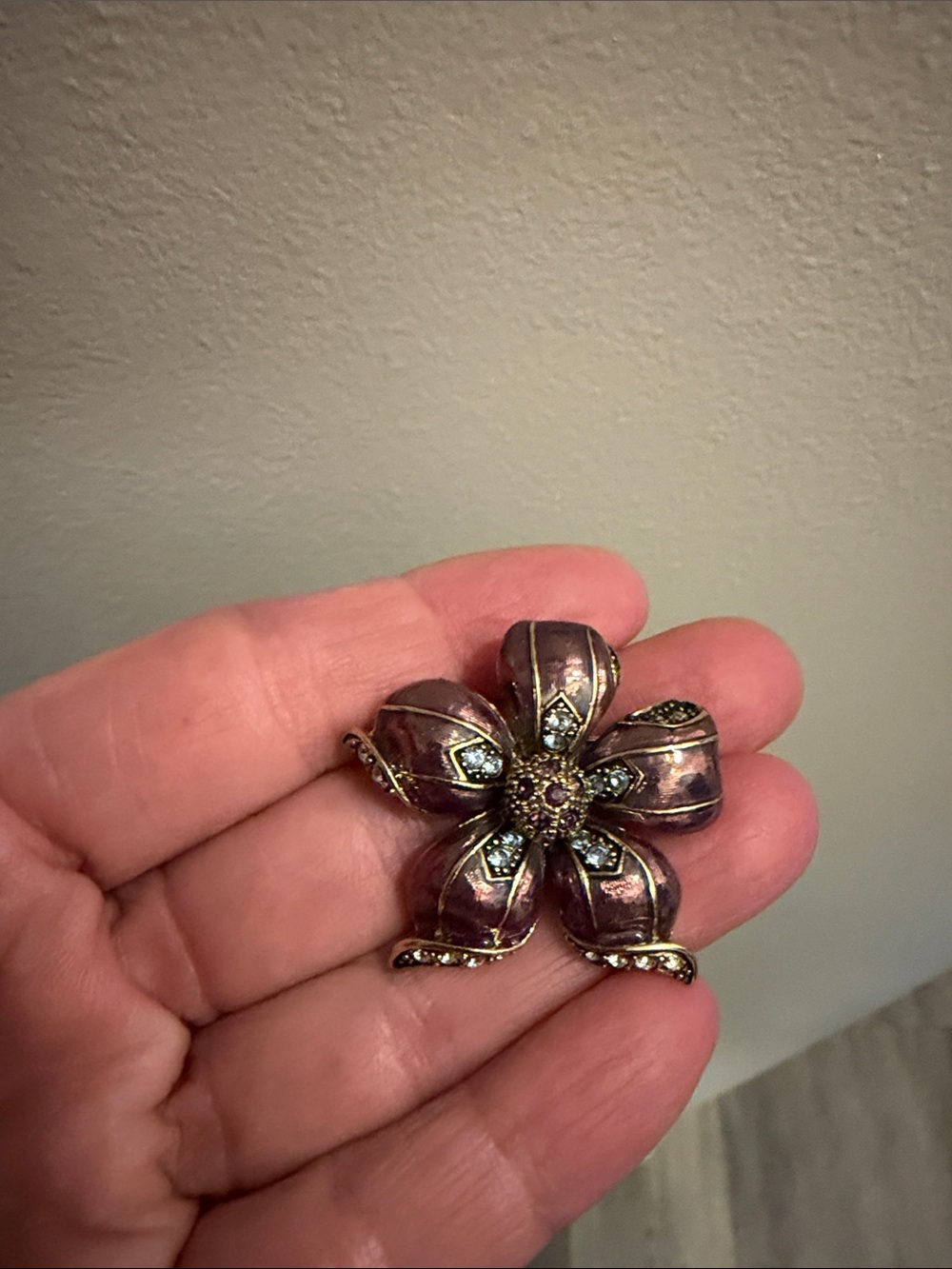 Vintage Monet Copper Plum Enamel Rhinestone Flower Brooch Pin